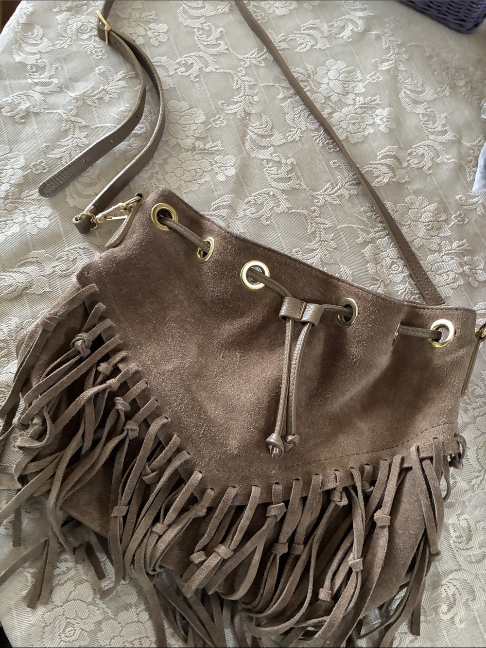 Isadora Fringe Suede Drawstring Crossbody Bag – Taupe
